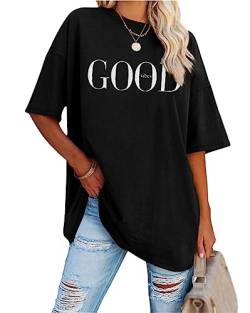 Minetom Damen T-Shirt Oversized Rundhals Kurzarm Lose Sommer Oberteile Mode Tshirt mit Grafik Buchstaben Vintage Drucken Streetwear Sport Casual Lang Tops Teenager Mädchen B Schwarz XL von Minetom