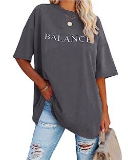 Minetom Damen T-Shirt Oversized Rundhals Kurzarm Lose Sommer Oberteile Mode Tshirt mit Grafik Buchstaben Vintage Drucken Streetwear Sport Casual Lang Tops Teenager Mädchen C Grau XL von Minetom