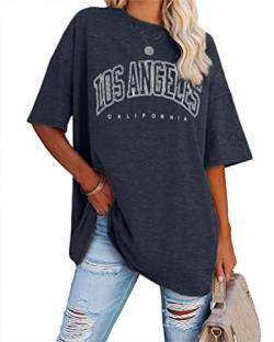 Minetom Damen T-Shirt Oversized Rundhals Kurzarm Lose Sommer Oberteile Mode Tshirt mit Los Angeles Grafik Buchstaben Vintage Drucken Streetwear Sport Casual Lang Tops Teenager Mädchen A Grau L von Minetom