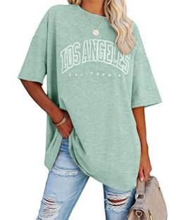 Minetom Damen T-Shirt Oversized Rundhals Kurzarm Lose Sommer Oberteile Mode Tshirt mit Los Angeles Grafik Buchstaben Vintage Drucken Streetwear Sport Casual Lang Tops Teenager Mädchen A Grün M von Minetom