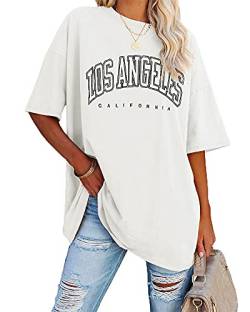 Minetom Damen T-Shirt Oversized Rundhals Kurzarm Lose Sommer Oberteile Mode Tshirt mit Los Angeles Grafik Buchstaben Vintage Drucken Streetwear Sport Casual Lang Tops Teenager Mädchen A Weiß L von Minetom