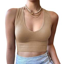 Minetom Damen Tank Top Sexy Tiefer V Ausschnitt Crop Tops Sommer Ärmellose Basic Shirt Camisole Bauchfrei Oberteile A Khaki S von Minetom