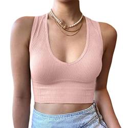 Minetom Damen Tank Top Sexy Tiefer V Ausschnitt Crop Tops Sommer Ärmellose Basic Shirt Camisole Bauchfrei Oberteile A Rosa XS von Minetom