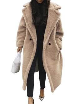 Minetom Damen Teddy Fleece Mantel Oversized Jacke Lang Flauschige Warme Winter Mit Taschen Winterjacke Revers Parka Plüschjacke Plüschmantel Cardigan Outwear A Aprikose 3XL von Minetom