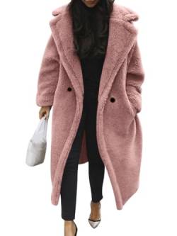 Minetom Damen Teddy Fleece Mantel Oversized Jacke Lang Flauschige Warme Winter Mit Taschen Winterjacke Revers Parka Plüschjacke Plüschmantel Cardigan Outwear A Rosa 3XL von Minetom