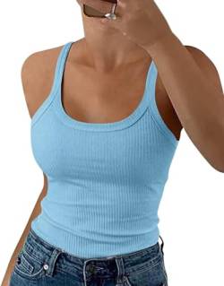 Minetom Damen Tops Sommer Sexy U-Ausschnitt Gerippt Spaghetti Top Basic Shirt Oberteile Ärmellos Slim Fit Cami Einfarbig A Blau S von Minetom