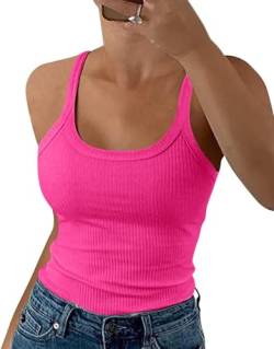 Minetom Damen Tops Sommer Sexy U-Ausschnitt Gerippt Spaghetti Top Basic Shirt Oberteile Ärmellos Slim Fit Cami Einfarbig A Rosa XXL von Minetom