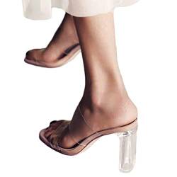 Minetom Damen Transparente Offene Sandalen High Heels Sandaletten Peep Toe Schuhe Slip on Hausschuhe Pantoffeln mit Blockabsatz C Aprikose 9cm Absatz 39 EU von Minetom