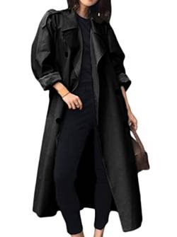 Minetom Damen Trenchcoat Zweireiher Langer Mantel Elegante Herbst Frühling Jacke Winddichter Mantel Revers Windbreaker Übergangsjacke B Schwarz XL von Minetom