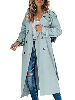 Minetom Damen Trenchcoat Zweireiher Langer Mantel Klassische Herbst Frühling Jacke Winddichter Mantel B Blau M von Minetom