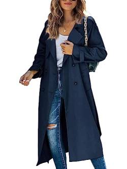 Minetom Damen Trenchcoat Zweireiher Langer Mantel Klassische Herbst Frühling Jacke Winddichter Mantel B Marine M von Minetom