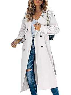 Minetom Damen Trenchcoat Zweireiher Langer Mantel Klassische Herbst Frühling Jacke Winddichter Mantel B Weiß M von Minetom