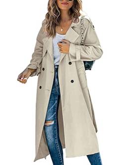 Minetom Damen Trenchcoat Zweireiher Langer Mantel Übergangsjacke Klassische Herbst Frühling Jacke Winddichter Übergangsmantel B Khaki S von Minetom