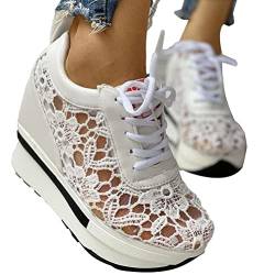 Minetom Damen Turnschuhe Atmungsaktiv Mesh Freizeitschuhe Leicht Sportschuhe Strass Blumen Plateau Walkingschuhe Laufschuhe mit Keilabsatz Sneaker Schnürschuhe C Weiß 36 EU von Minetom