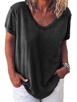 Minetom Damen V-Ausschnitte Kurz Ärmel Lose T-Shirt Sommer Tops Bluse Casual Gedruckt Tunika Tops B Schwarz 48 von Minetom