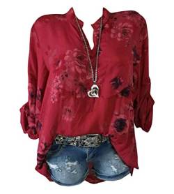 Minetom Damen Vintage Bohemian Blusen Boho Tunika Hippie Blumen Bluse Elegante Oberteile Tops Langarm Shirt 001 Rot 38 von Minetom