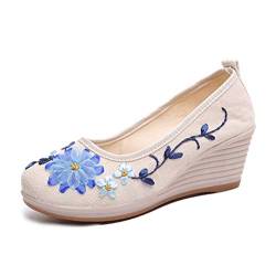 Minetom Damen Vintage Ethnische Bestickte Schuhe Tanzschuhe Plateau Keilabsatz Mokassins Slipper Ballerina Leinen Blumen Halbschuhe B Beige 35 EU von Minetom