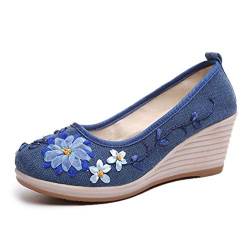 Minetom Damen Vintage Ethnische Bestickte Schuhe Tanzschuhe Plateau Keilabsatz Mokassins Slipper Ballerina Leinen Blumen Halbschuhe B Blau 38 EU von Minetom