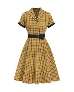 Minetom Damen Vintage Kariert Cocktailkleid V Ausschnitt 3/4 Ärmel Retro Hepburn Midi Cocktailkleider Retro Rockabilly Swing Kleider Kariertes Midikleid E Gelb M von Minetom