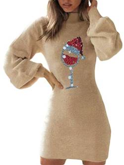 Minetom Damen Weihnachten Pulloverkleid Strickkleid Tunika Weihnachtsdruck Kleid V-Ausschnitt Langarm Rollkragen Minikleid Pullikleid Weihnachtskleid B Khaki XS von Minetom