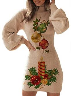 Minetom Damen Weihnachten Pulloverkleid Strickkleid Tunika Weihnachtsdruck Kleid V-Ausschnitt Langarm Rollkragen Minikleid Pullikleid Weihnachtskleid C Khaki 3 L von Minetom