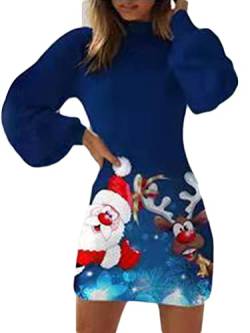 Minetom Damen Weihnachten Pulloverkleid Strickkleid Tunika Weihnachtsdruck Kleid V-Ausschnitt Langarm Rollkragen Minikleid Pullikleid Weihnachtskleid D Dunkelblau L von Minetom