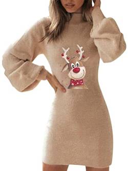 Minetom Damen Weihnachten Pulloverkleid Strickkleid Tunika Weihnachtsdruck Kleid V-Ausschnitt Langarm Rollkragen Minikleid Pullikleid Weihnachtskleid E Beige 05 XS von Minetom