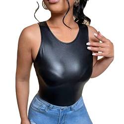 Minetom Damen Wetlook Top Ärmellos T-Shirt Sexy Tank Top PU Leder Slim Fit Weste Bluse Oberteil Party Clubwear Tops A Schwarz L von Minetom