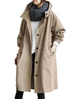 Minetom Damen Windbreaker Elegant Langarm Lange Jacke mit Kapuze Übergangsjacke Atmungsaktiv Parka Leichte Herbst Mantel Khaki L von Minetom