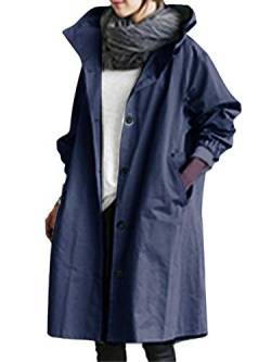 Minetom Damen Windbreaker Elegant Langarm Lange Jacke mit Kapuze Übergangsjacke Atmungsaktiv Parka Leichte Herbst Mantel Marineblau 3XL von Minetom