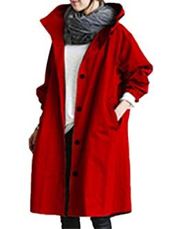 Minetom Damen Windbreaker Elegant Langarm Lange Jacke mit Kapuze Übergangsjacke Atmungsaktiv Parka Leichte Herbst Mantel Rot 3XL von Minetom