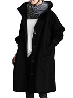 Minetom Damen Windbreaker Elegant Langarm Lange Jacke mit Kapuze Übergangsjacke Atmungsaktiv Parka Leichte Herbst Mantel Schwarz XL von Minetom