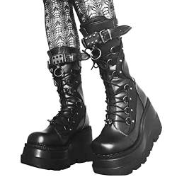 Minetom Damen Winter Gothic Punk Plateau Stiefel Goth Schnalle Zipper Wedges Mid Schuhe Plattform Biker Boots Chunky Motorrad Stiefel A Schwarz 36 EU von Minetom