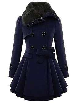 Minetom Damen Winter Mantel Lange Zweireihige Wollmantel Revers Outwear Mit Taschen Gürtel Warm Wintermantel Dicke Lang Coat B Blau M von Minetom