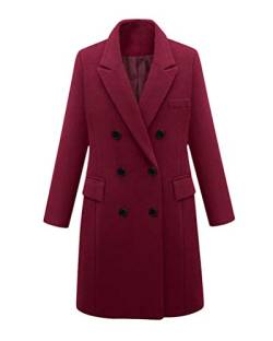 Minetom Damen Winter Revers Wollmantel Trench Jacke Lange Parka Overcoat Outwear Warm Trenchcoat Elegant Knopfleiste Mantel Große Größe Weinrot 44 von Minetom