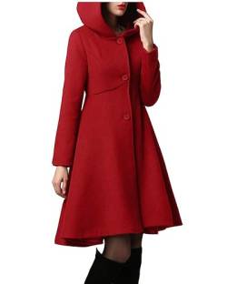 Minetom Damen Wintermantel Warm Mantel Kleider Mit Taschen Langarm Mantel Mit Kapuze Ausgestellter Mantel Winterjacke Outwear Trenchcoat A Rot XS von Minetom