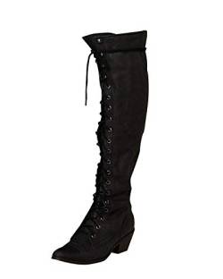 Minetom Damen Winterstiefel Overknees Stiefel Blockabsatz Stiefeletten Langschaft Mode PU Leder Schuhe Retro Niet Seitenreißverschluss Schnüren Boots (41 EU, Schwarz) von Minetom