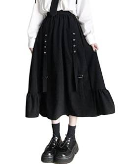 Minetom Damen Y2K Faltenrock A-Linie Hohe Taille Röcke Gothic Punk Maxi Schwarz Rock Mit Kettenriemen Hosenträgerrock Streetwear B Schwarz XL von Minetom