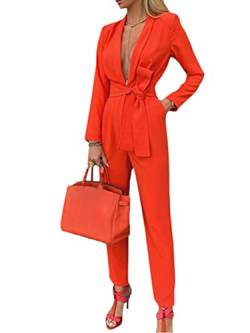 Minetom Damen Zweiteiliger Anzug Set Revers Büro Business Blazer Langarm Anzugjacke Hosenanzug Slim Fit Hose 2 Stück F Orange S von Minetom