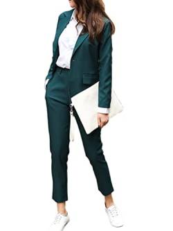 Minetom Damen Zweiteiliger Anzug Set Revers Business Büro Formal Blazer Elegant Langarm Anzugjacke Hosenanzug Slim Fit Hose 2 Stück B Grün XL von Minetom