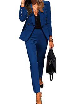 Minetom Damen Zweiteiliger Anzug Set Revers Business Büro Formal Blazer Langarm Anzugjacke Hose 2 Stück A Blau 42 von Minetom