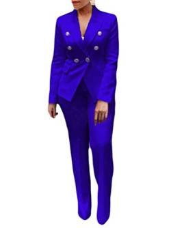 Minetom Damen Zweiteiliger Anzug Set Revers Business Büro Formal Blazer Langarm Anzugjacke Hosenanzug Slim Fit Hose 2 Stück D Blau 36 von Minetom