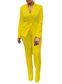 Minetom Damen Zweiteiliger Anzug Set Revers Business Büro Formal Blazer Langarm Anzugjacke Hosenanzug Slim Fit Hose 2 Stück D Gelb 42 von Minetom