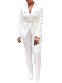 Minetom Damen Zweiteiliger Anzug Set Revers Business Büro Formal Blazer Langarm Anzugjacke Hosenanzug Slim Fit Hose 2 Stück D Weiß 34 von Minetom