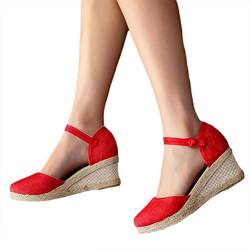 Minetom Espadrilles Damen Retro Sandalen Keilabsatz Wedge Plattform Sommerschuhe Plateauschuhe Frauen Schuhe A Rot 38 EU von Minetom