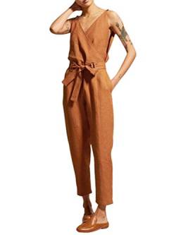 Minetom Festlich Jumpsuit Damen V-Ausschnitt Playsuit Ärmellos Overalls Lange Hosen Elegant Baumwolle Leinen Spielanzug mit Gürtel Taschen Große Größen Braun DE 40 von Minetom