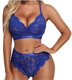 Minetom Frauen Dessous Set Sexy High Waist BH und Panty Set 2 Stück Spitze Babydoll Damen Lingerie Zweiteiliges Dessous-Set Hohle Perspektive Erotik Unterwäsche Blau XL von Minetom