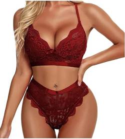 Minetom Frauen Dessous Set Sexy High Waist BH und Panty Set 2 Stück Spitze Babydoll Damen Lingerie Zweiteiliges Dessous-Set Hohle Perspektive Erotik Unterwäsche Weinrot M von Minetom