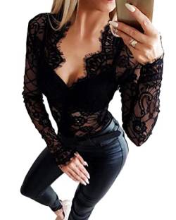 Minetom Frauen Stretch Spitze Bodysuit Langarm Top Damen Volltonfarbe Body Babydoll Bodycon Overall Sexy V-Ausschnitt Club Party Shirt Jumpsuit Schwarz 38 von Minetom