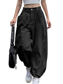 Minetom Freizeithosen Damen Cargo Hose Sweathose Elastische Jogginghose Cargohose Sport Hosen Yogahose Streetwear mit Taschen F Schwarz S von Minetom